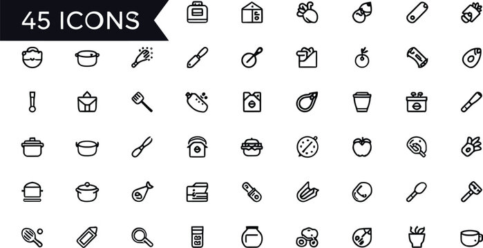 Kitchen line icons set cooking utensils pots pans measuring spoons cutting boards food items modern illustration design concept