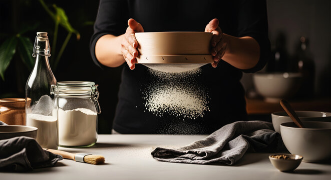 Person sifting white flour through a wooden sieve onto a kitchen counter baking