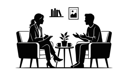 Fototapeta premium Black Silhouette Two People in Counseling Session – Mental Health Support and Therapy Conversation Concept Vector Illustration