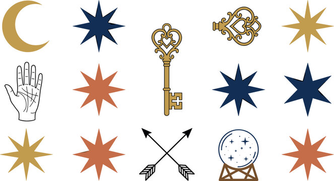 Mystical Esoteric Vector Element Set with Gold Crescent Moon Ornate Heart Keys Palmistry Hand Crystal Ball Crossed Arrows and Magic Sparkle Stars