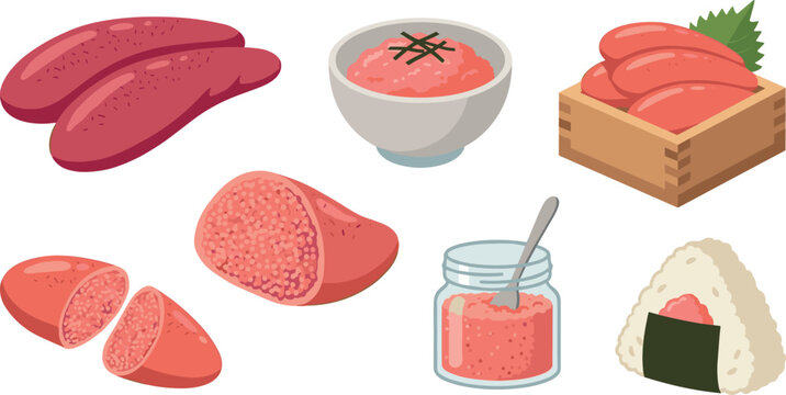 Japanese Mentaiko Spicy Cod Roe Vector Illustration Set with Rice Bowl Onigiri and Glass Jar Elements for Seafood Menus and Food Graphic Designs