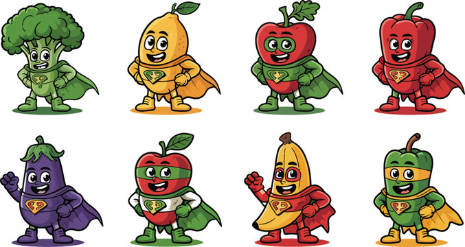 Colorful vegetable and fruit superhero characters