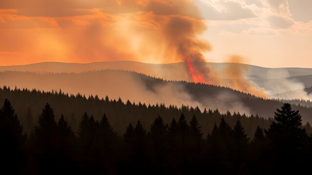 Forest fire burns across a distant mountain ridge under a smoky and orange sunset sky at dusk.