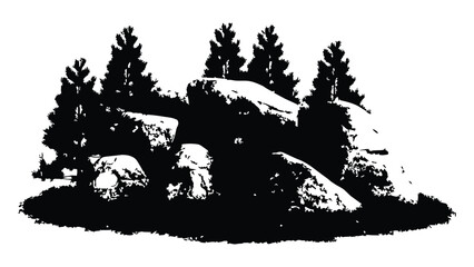 Black silhouette of pine forest with rocks and boulders on transparent background vector. © Sara Studio