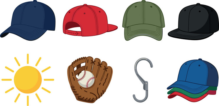Baseball Cap Vector Element Set Featuring Blank Snapback Hats Front Back and Side Views Sports Glove Ball Hanging S Hook and Sun