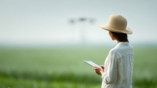 woman farmer using tablet to control drone sprayer in green field smart farming concept