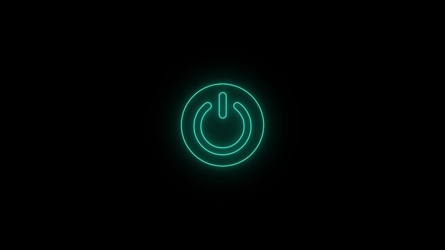 Cinematic glowing cyan neon power reboot symbol with outer ring on black background. 4k