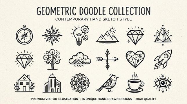 Geometric doodle collection icons set.