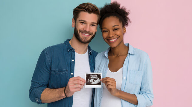 Happy multicultural couple expecting baby ultrasound pregnancy announcement mixed race relationship smiling future parent maternity portrait family love holding sonogram young adult casual