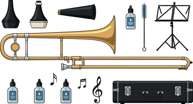 Brass Trombone Musical Instrument Vector Set with Hard Case Mutes Stand Cleaning Snake Valve Oil and Notes for Band Graphic Designs