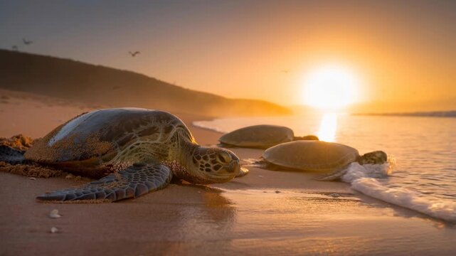 Peaceful sunrise with sea turtles resting on sandy beach and gentle waves at calm ocean shore