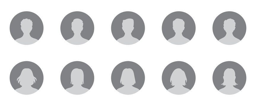 User profile icon set, Male and female portraits, silhouettes, avatars or profiles of unknown anonymous people, profile picture user avatars in circles. Woman and man silhouette avatars or profile.