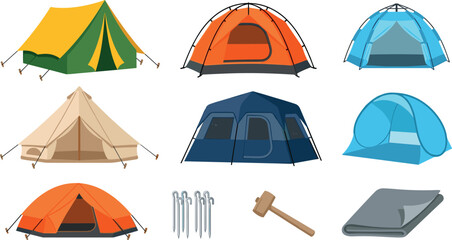 Camping Tent Vector Element Set with Dome Tents Ridge Tent Tipi Bell Tent Pop Up Beach Shelter Steel Pegs Mallet and Ground Tarp © Mostrenu