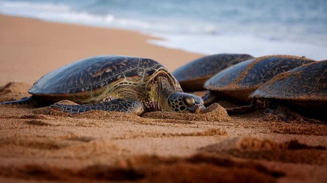 Peaceful sea turtles resting and nesting on a sandy beach under gentle waves at sunset
