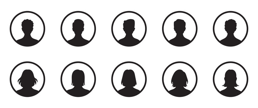 Silhouette headshot icon. Male and female profiles. Avatar flat icon set. Default anonymous user portrait vector illustration flat vector designs set on white background.