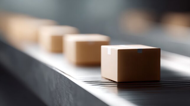 row of cardboard boxes on conveyor belt ready for ecommerce delivery logistics banner concept