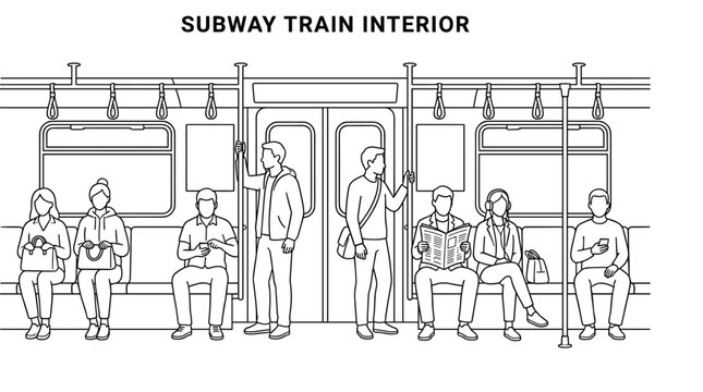 Subway train interior vector illustration showing passengers seated and standing inside metro carriage in clean architectural outline style representing modern urban public transportation system