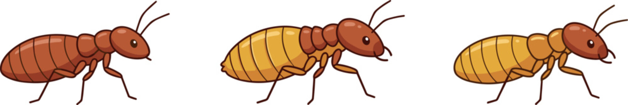 Cartoon Termite Insect Vector Set Featuring Different Body Colors and Pest Control Concepts for Biology, Infestation, and Exterminator Designs