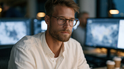Obraz premium Real-time fraud detection system flagging unusual transaction cluster on analyst workstation, financial crimes unit in busy urban fintech operations center, August overnight shift, multiple screens 