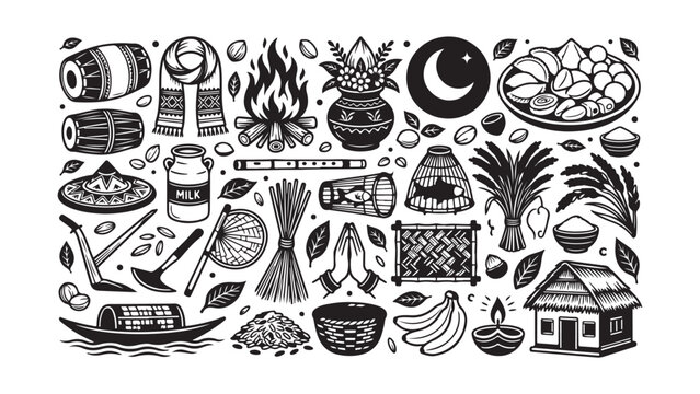 Traditional Assamese Cultural Elements and Bihu Festival Symbols Vector