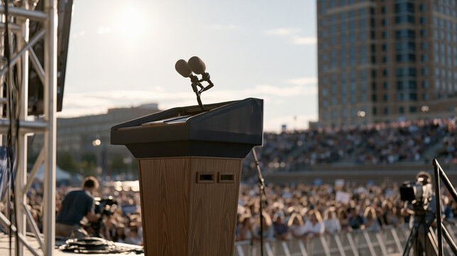 Outdoor campaign rally stage with a teleprompter visible at an angle, a wide empty podium moments before the candidate arrives, sound technicians adjusting microphones, a dense expectant crowd beyon