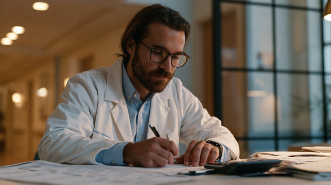 Oncology pharmacist calculating body surface area dose for pediatric cancer patient using weight-based dosing nomogram, laminated chart and calculator on desk, children's oncology unit hallway visib