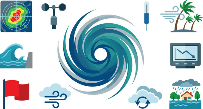 Hurricane and Extreme Weather Icon Set with Typhoon Swirl Radar Warning Flag and Flood Elements for Meteorology Maps Apps and Disaster Preparedness Designs