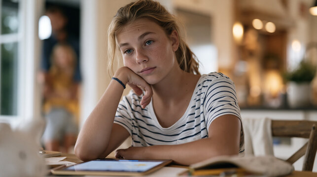 Middle schooler earning digital badges on financial literacy gamification app, kitchen table after school, parent watching proudly from doorway, late-August homework setup, piggy bank and pencil cas