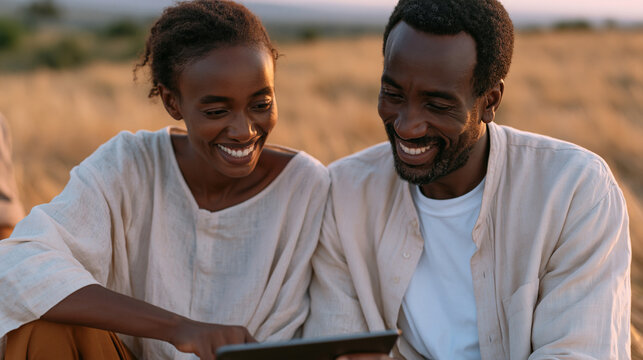 Microfinance loan officer kneeling beside unbanked smallholder farmer explaining digital account setup on tablet, golden harvest-prep fields stretching behind them, financial inclusion outreach prog