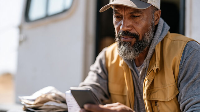 Delivery driver scanning paper fuel receipts with OCR app crouched beside van, parking lot midday harsh sunlight, stack of crumpled expense slips on dashboard, mileage log open beside phone, sweat o