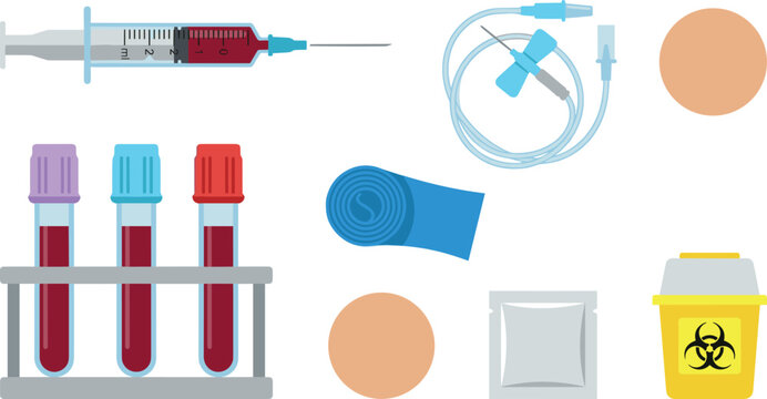 Medical Blood Test Vector Element Set with Syringe Full of Blood Test Tubes in Rack Butterfly Needle Tourniquet Adhesive Patches and Biohazard Sharp Bin