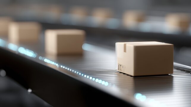 cardboard boxes moving along conveyor belt with digital tracking lines automation technology concept
