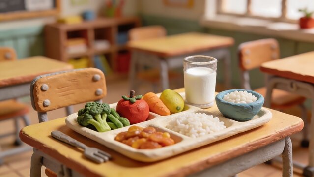 Adorable 3D clay model of healthy food arranged in a balanced way on a school desk. Vegetables, fruits, milk, rice &ndash; nutritional concepts for educational purposes.