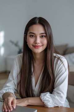 Mujer joven asi&aacute;tica sonriendo en dormitorio moderno con luz suave y estilo de vida natural