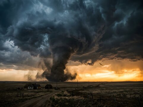 Supercell thunderstorm over rural plains landscape at sunset