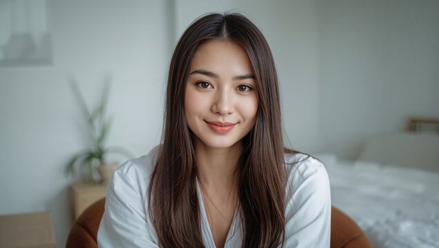 Primer plano de mujer joven asi&aacute;tica con sonrisa natural y luz suave en interior moderno