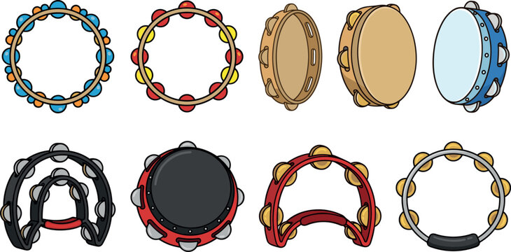 Tambourine and Hand Drum Musical Instrument Illustration Set with Percussion Accessories for Folk Music, Rhythm, and Festival Performance Designs