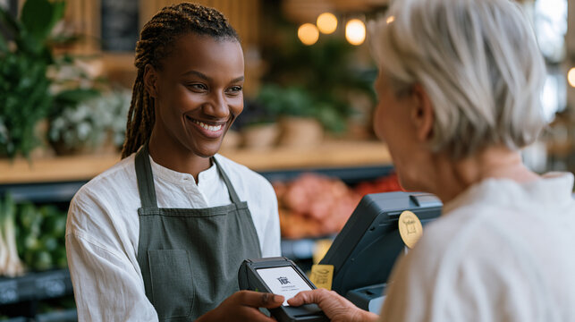 Central bank digital currency retail pilot transaction at grocery checkout, cashier explaining CBDC wallet tap to curious elderly customer, harvest-season produce display behind register, government