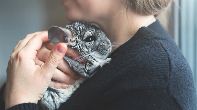 Gentle moment with person cuddling a soft fluffy chinchilla showing affection and pet care