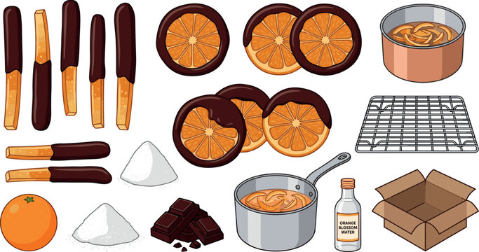 Chocolate Dipped Candied Orange Peels and Slices Vector Set with Cooking Pots Wire Rack Sugar Cubes and Packaging Box for Confectionery Graphic Designs
