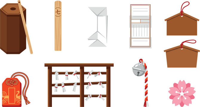 Traditional Japanese Shinto Shrine Vector Element Set with Omikuji Fortune Sticks Omamori Amulet Ema Plaques Suzu Bell and Sakura Blossom