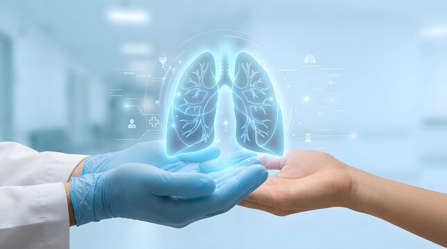 Doctor's gloved hand and patient's hand cradling glowing digital lungs with medical icons in a blurred hospital corridor.