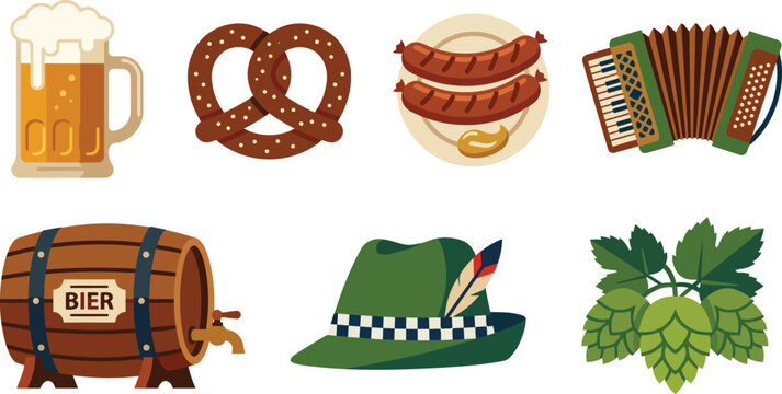 Classic German Oktoberfest celebration elements featuring a glass beer mug, wooden barrel, baked pretzel, sausages, accordion, Bavarian hat, and fresh green hops.