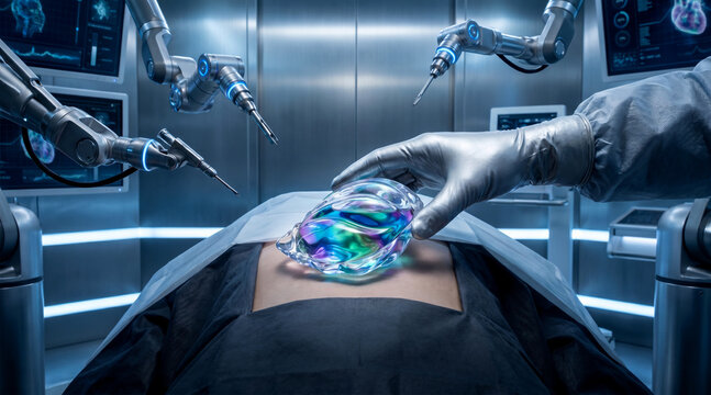 Futuristic robotic surgery procedure featuring advanced holographic organ implantation in high tech lab