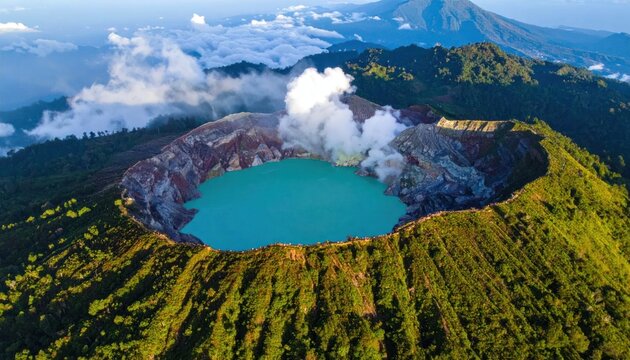 Aerial perspective of steaming blue volcanic crater lake.