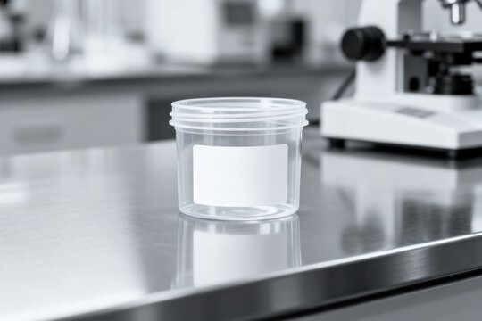 Lab sample container on stainless steel table with microscope in backg