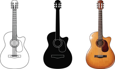 Naklejka premium Set of three acoustic guitars featuring outline silhouette and realistic styles perfect for music-related design projects and isolated on white