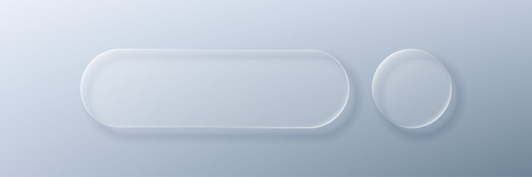 Liquid glass morphism vector button and circle shape on grey background. Frosted glass effect for user interface design. Minimalist modern web UI element for website or application.