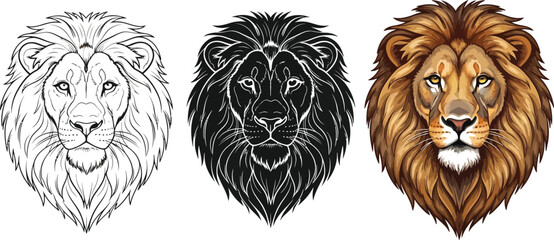 Set of diverse lion head vector illustrations showcasing detailed line art bold monochrome and realistic full-color styles perfect for branding emblems and wildlife designs © Zohaib