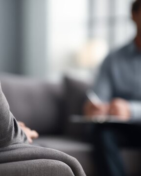 male patient sitting on sofa talking with psychologist during therapy session in cozy clinic office, mental health counseling concept, therapist listening and taking notes, soft natural light